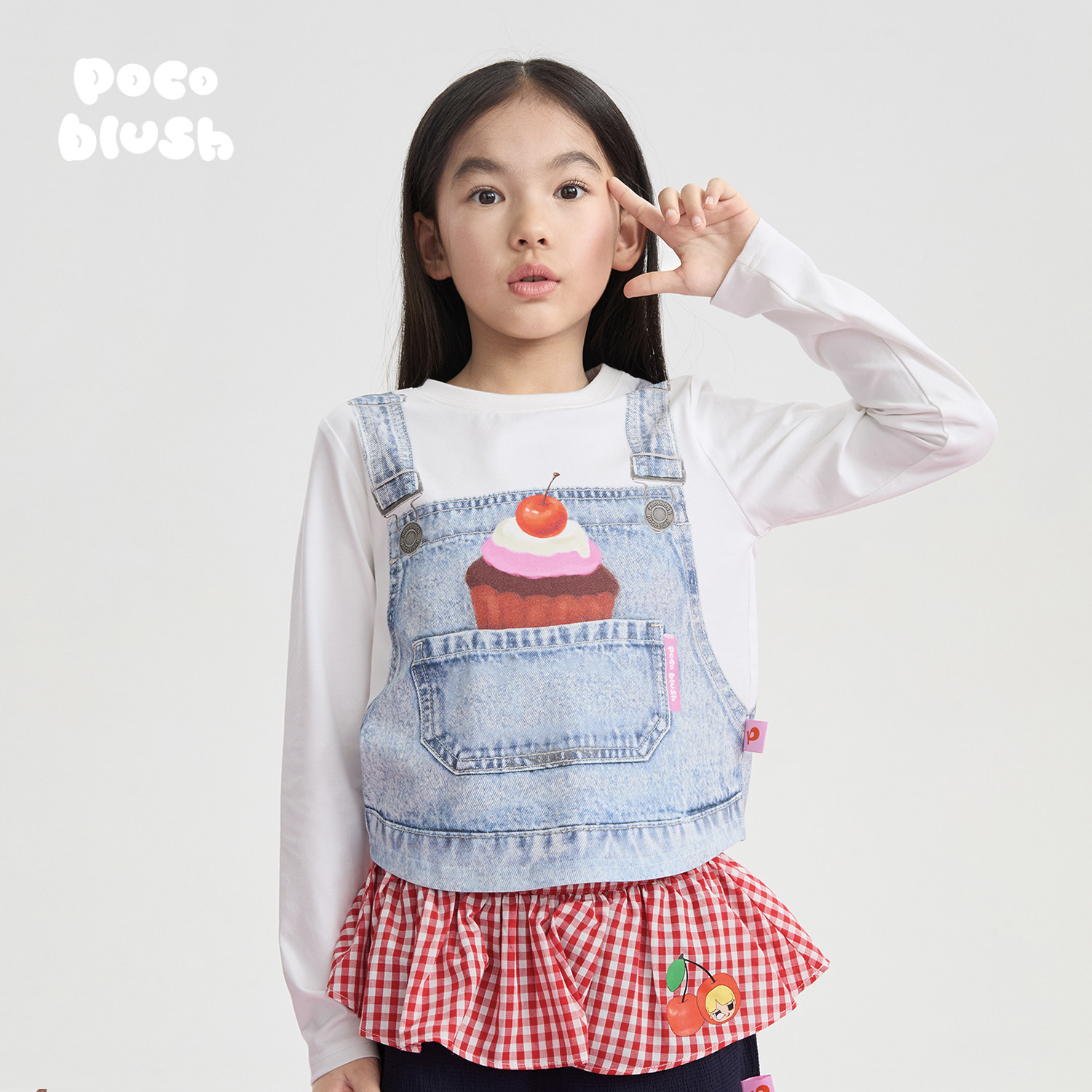 pocoblush【口袋里的蛋糕】手绘牛仔打底长袖T恤女童春款上衣百搭