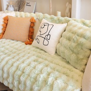 网红毛绒 纯色兔盖沙发巾西湖现代简约坐垫防滑加厚罩沙发垫枕冬季