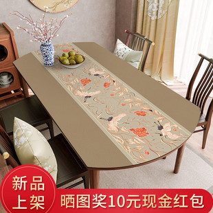 椭圆形餐桌布防水防油免洗可伸缩折叠餐桌垫防烫家用皮革台布 中式