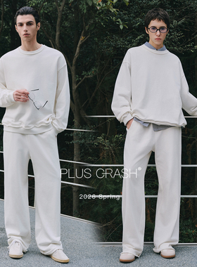 PLUS CRASH纯棉宽松纯色圆领卫衣+休闲直筒长裤套装