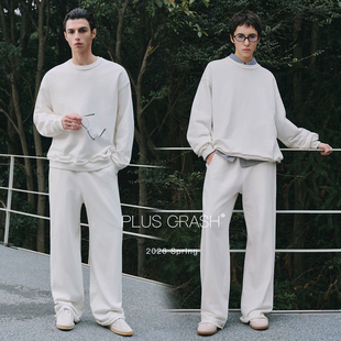 PLUS CRASH纯棉宽松纯色圆领卫衣+休闲直筒长裤套装