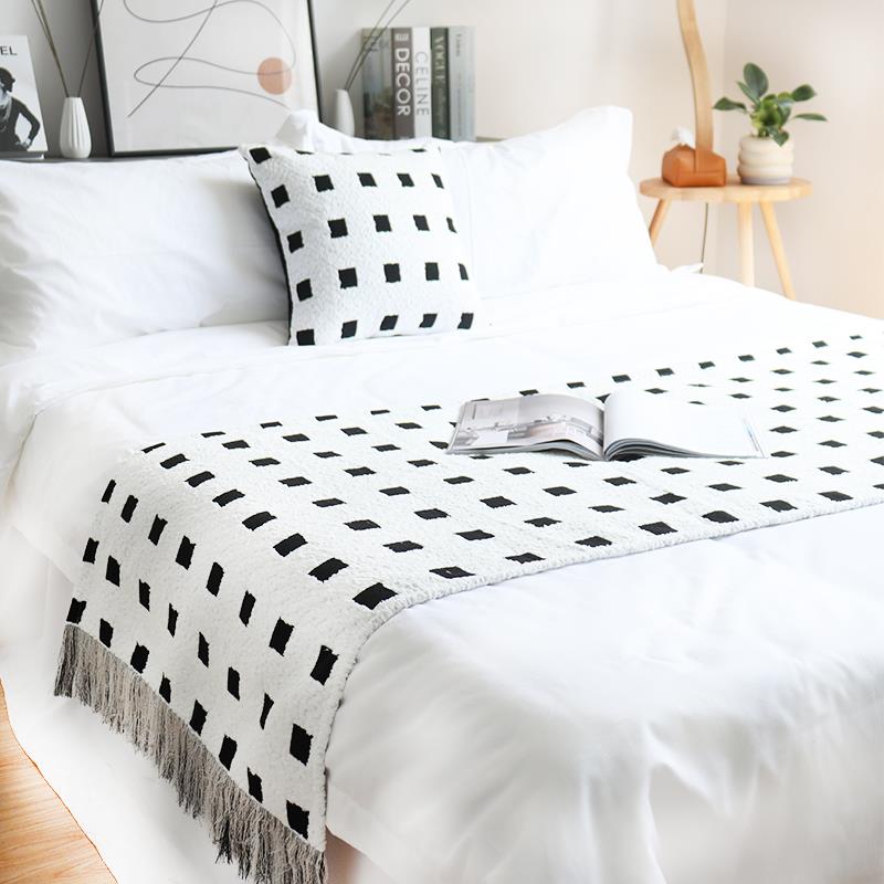 居言黑白几何床尾巾床尾毯简约样板房沙发装饰毯抱枕腰枕流苏搭巾