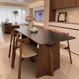 2025新款侘寂风实木长方形餐18mm厚全托实木底板哑光黑白岩板餐桌