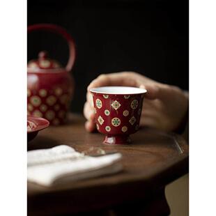 朗红琵琶图案覆古高杯纯手工陶瓷茶杯民族风格红师傅杯功夫茶具
