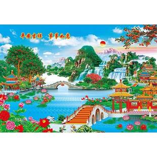 仙堂山水画亭台楼阁瀑布流水风景堂口贴画佛堂背景装饰画客厅年画