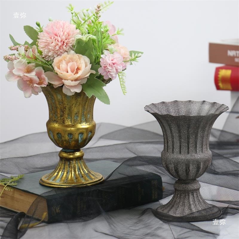 欧式铁艺插花花器铸铁工艺花瓶金属盆白擦金复古白色婚礼餐桌摆件