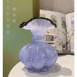 复古风插花器南瓜轻奢家居摆件 中古芬顿风手工玻璃紫色花法式