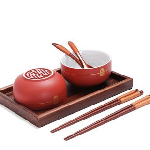 2对盖碗改口喜杯婚礼用品茶具新婚子孙喜碗筷 敬茶杯结婚套装