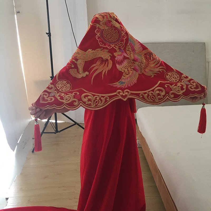 新款新娘红盖头红色中式婚礼结婚蕾丝刺绣头布婚庆大红刺绣中国风