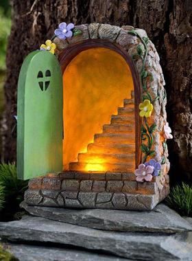 精灵小屋仙女花园石门楼梯太阳能户外庭院树脂摆件家居装饰工艺品