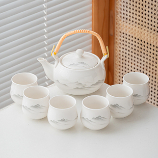 陶瓷家用水墨风现代简约茶壶茶杯整套 德化白瓷提梁壶功夫茶具套装