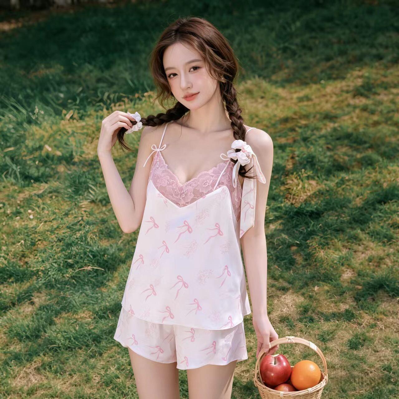 Dusktilldawn睡衣春夏季粉色蝴蝶结真丝吊带睡裙女士好看蕾丝边