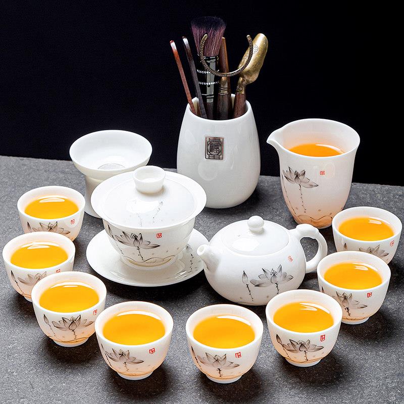 景德镇汝窑手绘功夫茶具套装家用羊脂玉白瓷盖碗泡茶壶茶杯轻奢高