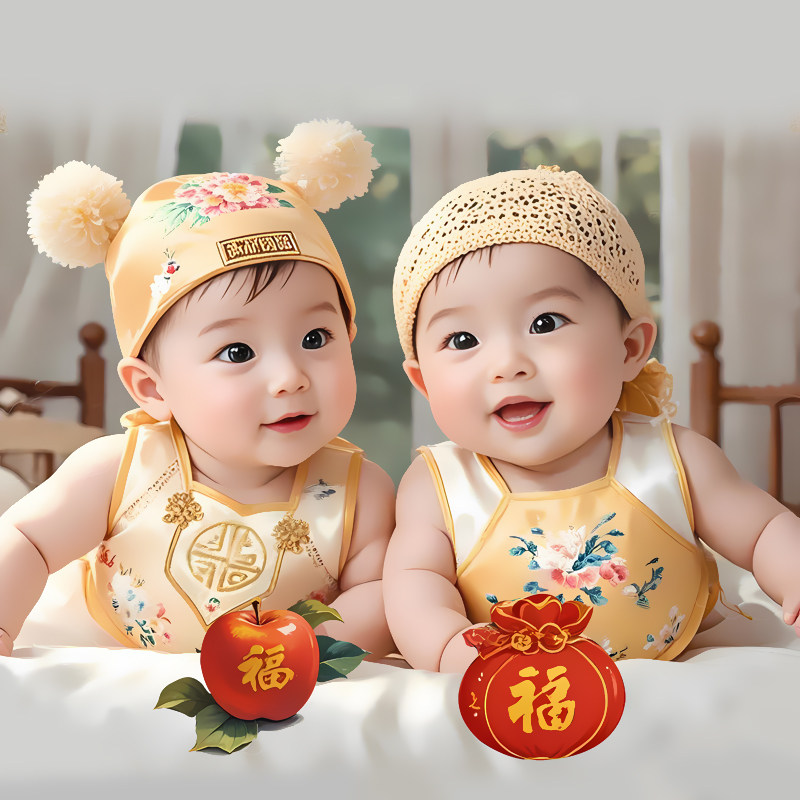 2025年画婴儿海报龙凤胎人画大头娃娃照片结婚福宝宝贴画像BB喜庆