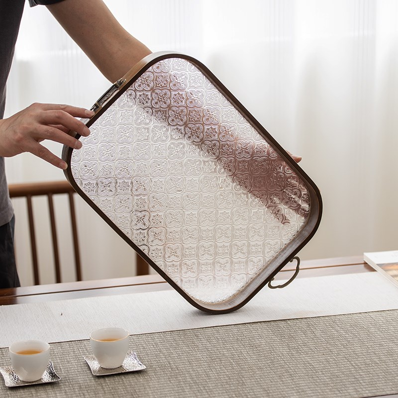 复古海棠玻璃木托盘家用长方形茶盘桌面水杯收纳胡桃色点心小吃盘