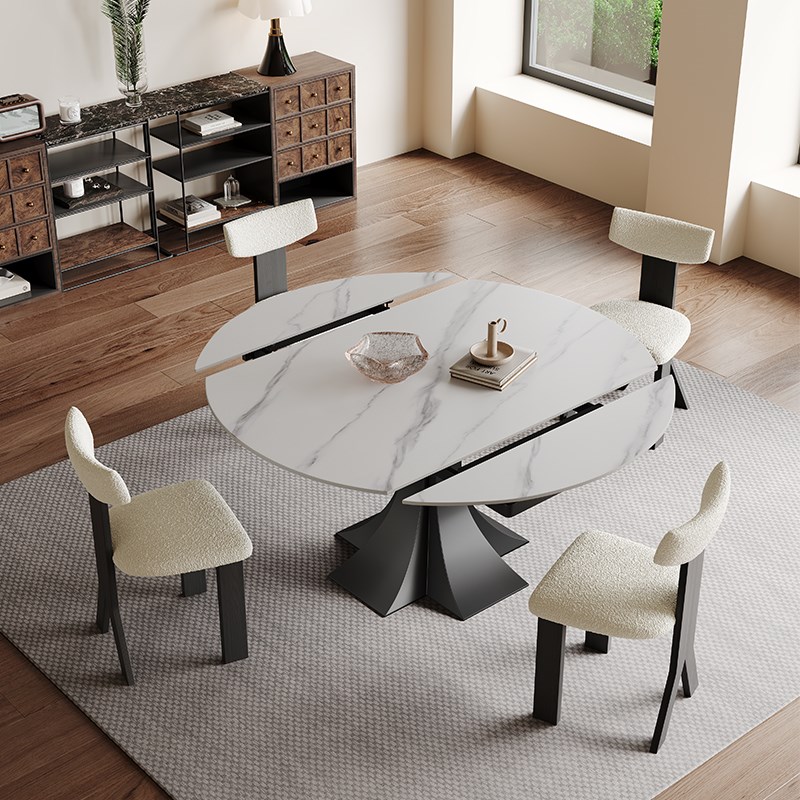 复古伸缩岩板餐桌可变圆桌现代简约折叠黑色家用意式方圆两用餐桌