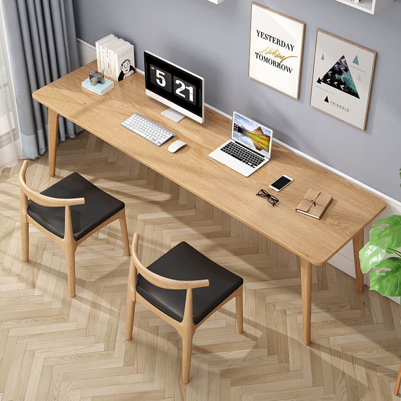 全实木靠窗学习桌双人长条书桌简约一字板电脑桌卧室家用办公桌子