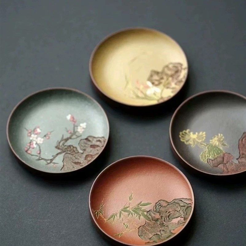 宜兴紫砂【梅兰竹菊四君子壶承杯垫】精品家用泥绘杯托小茶盘杯托