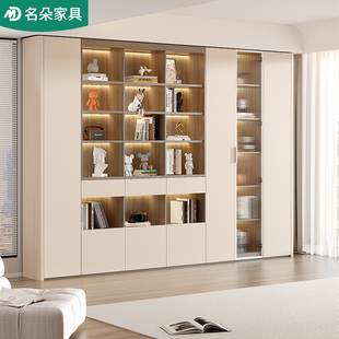 奶油风去客厅化书柜收纳柜一体整墙家用带玻璃门客厅书房书架5F73