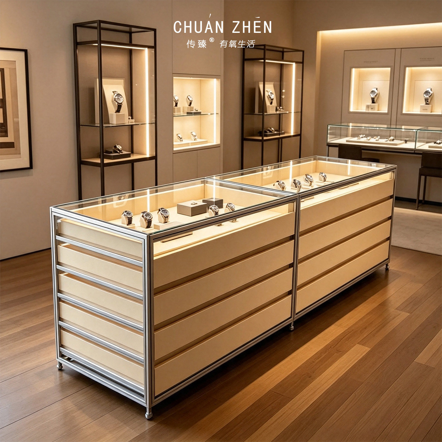 门店中古腕表奢品展示柜铝型材桦木海洋板玻璃中岛台手表店可定制