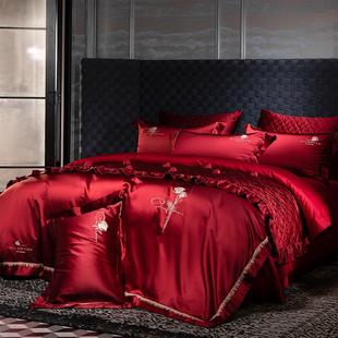 高端刺绣婚庆四件套大红色奢华140支真丝棉陪嫁结婚床上用品 欧式