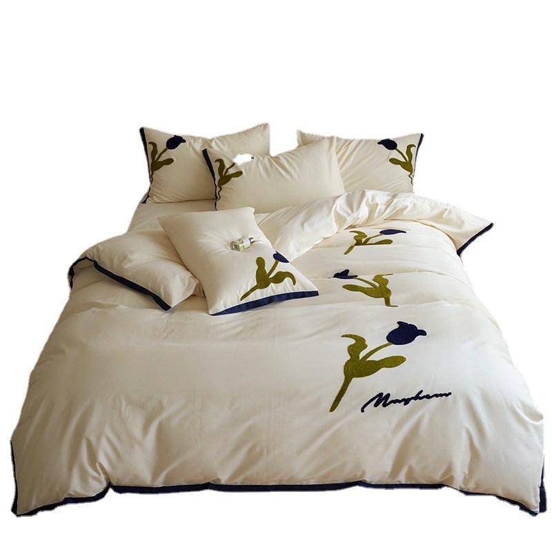 时空绘旅郁金香毛巾绣全棉磨z毛四件套长绒棉60S被套床单1.8