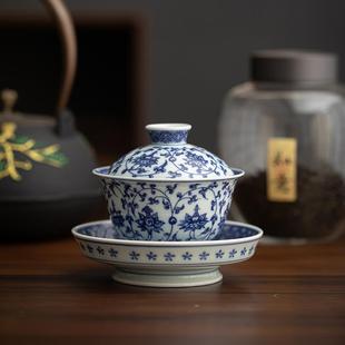 仿古青花三才盖碗功夫茶具家用陶瓷泡茶碗单个茶杯茶器 小院遇见