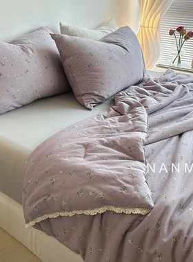 赫拉小姐复古温柔紫色r碎花全棉针织棉夏凉被软糯夏天空调被可机