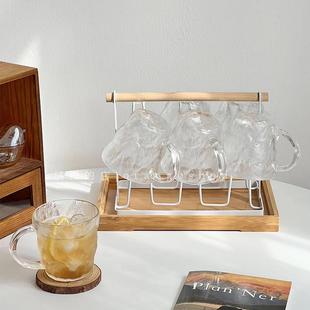 家庭用待客厅带把手柄喝水杯子咖啡杯架 ins风冰川纹玻璃杯具套装