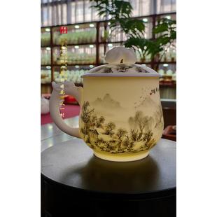 张国进手造山水画羊脂玉白瓷带盖大号水杯手绘办公杯陶瓷泡茶杯