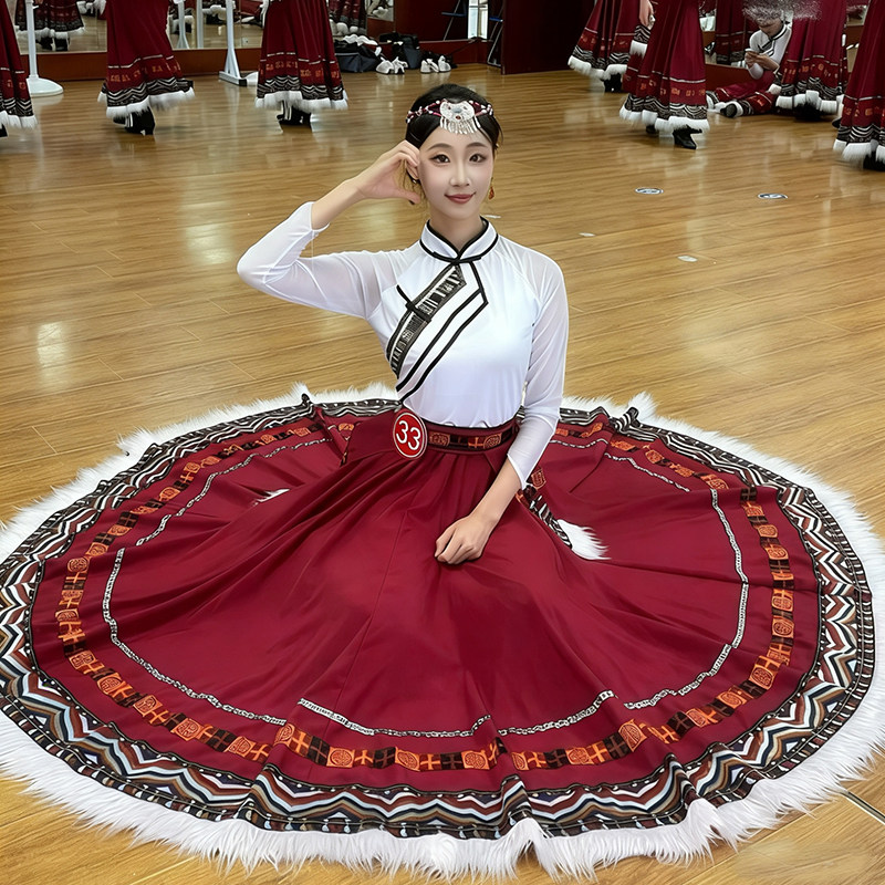 藏族舞蹈演出服装女学生艺考班服民间舞民族舞跳舞练习大摆半身裙