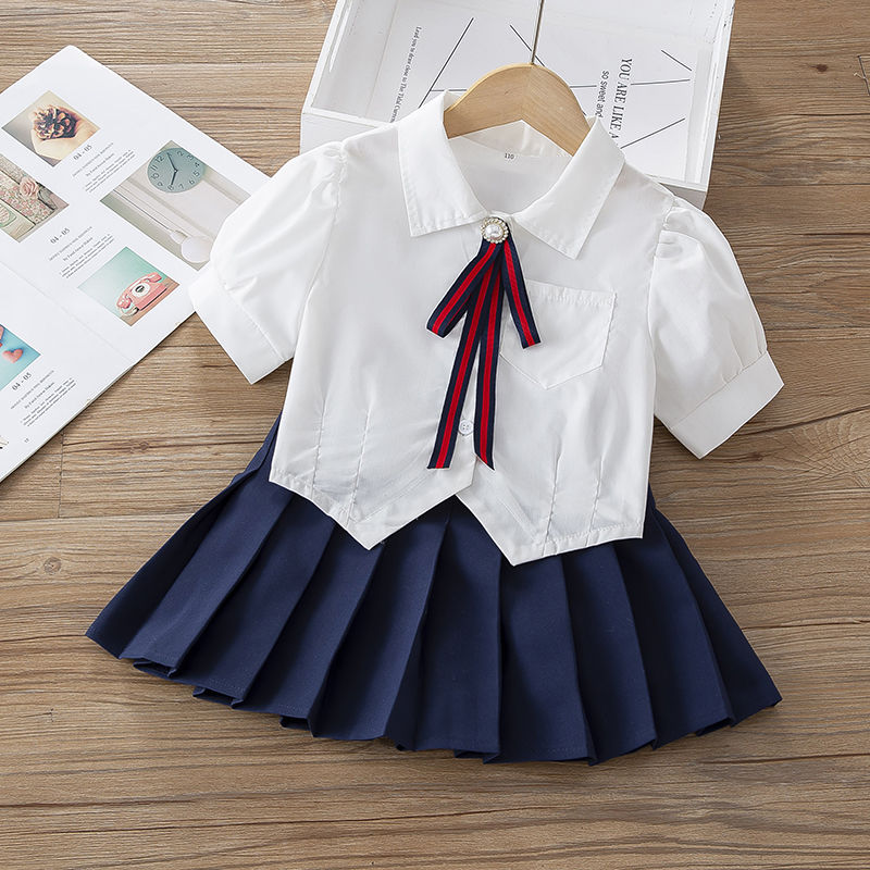 女童JK制服套装2025夏季新款短袖衬衫学院风娃娃领上衣灯笼袖白色