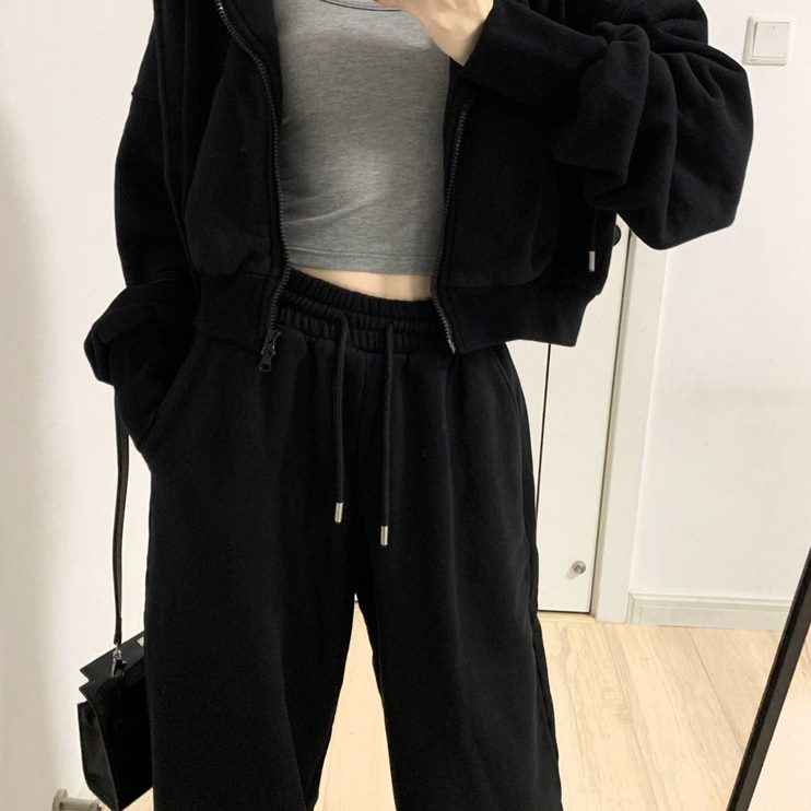 运动套装女春秋显瘦学生韩版宽松时尚黑色阔腿裤减龄两件套休闲季