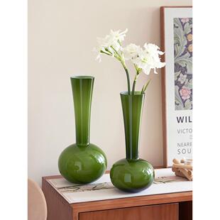 法式中古高级感花瓶摆件玻璃橄榄绿客厅创意插花鲜花干花装饰摆件