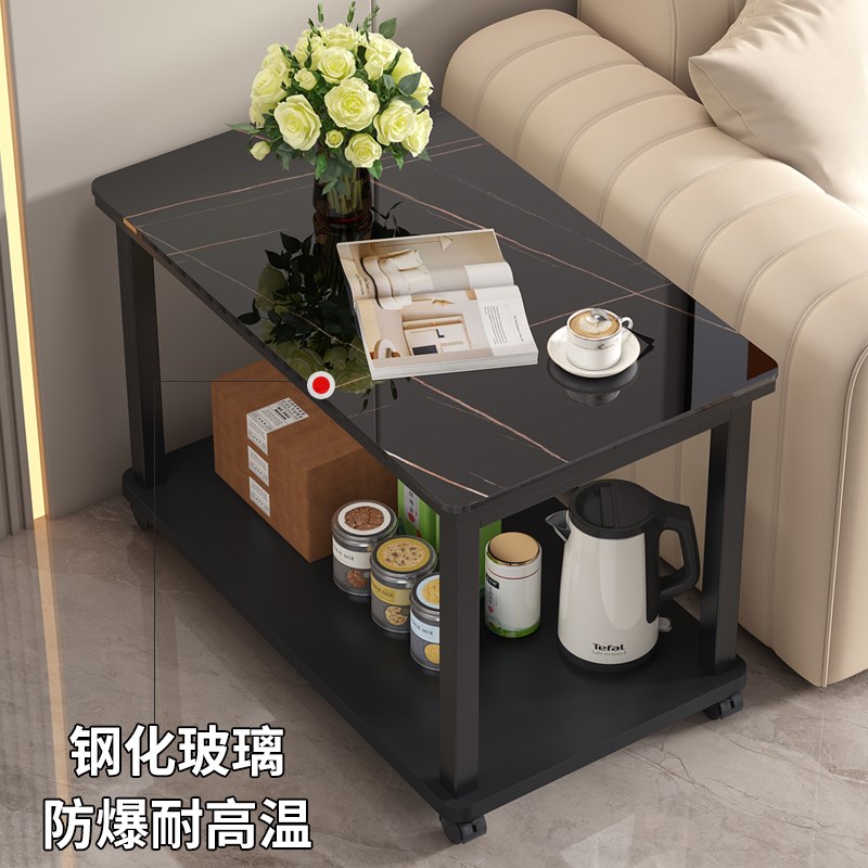 钢化玻璃边几沙发客厅现代移动带轮简约办公室家用茶几小桌子