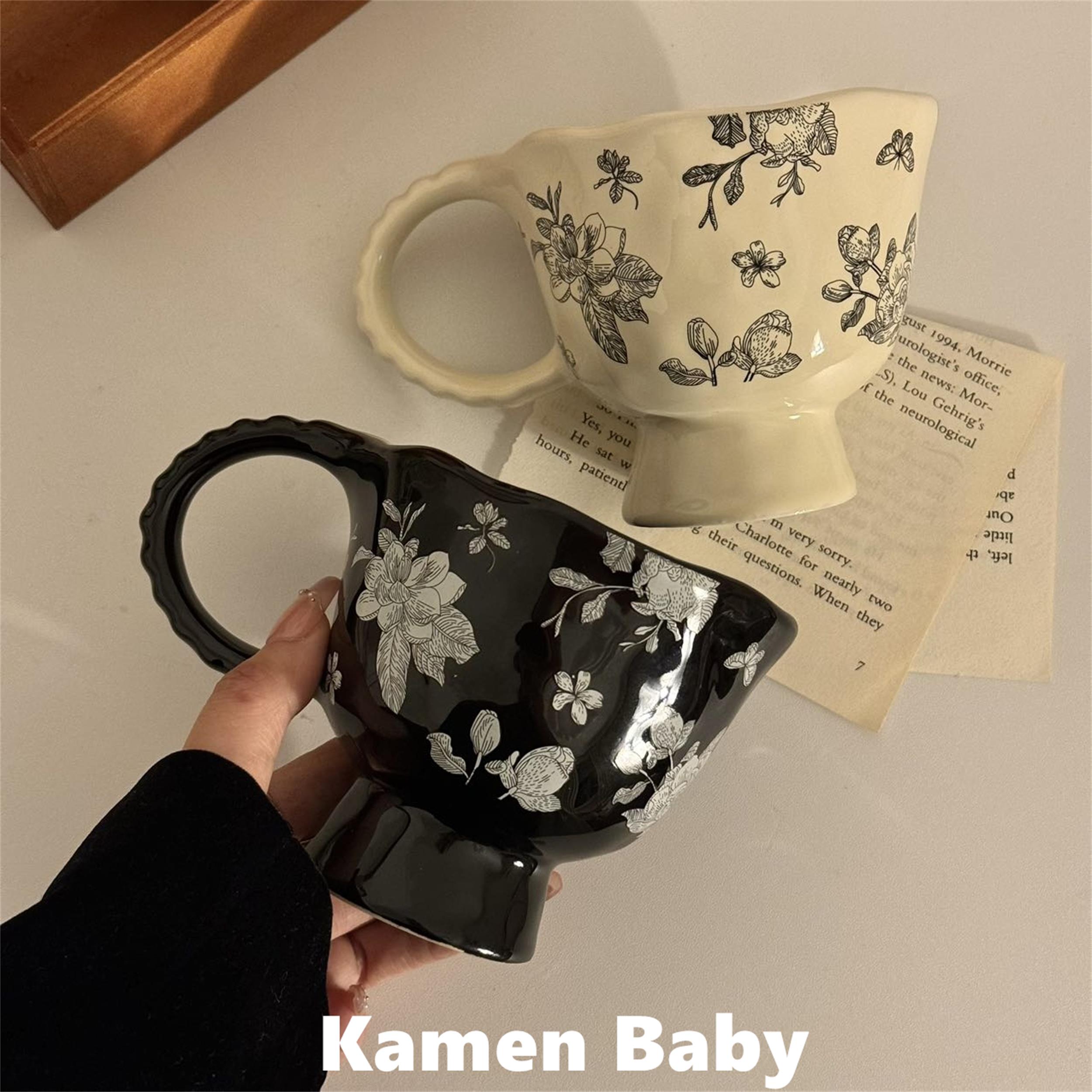 覆古山茶花手捏马克杯女夏季设计感陶瓷杯子家用水杯办公室咖啡杯