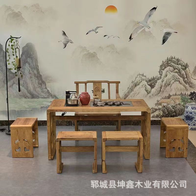 新中式老榆木茶桌餐桌家用实木老风化门板喝茶桌实木茶桌椅组合