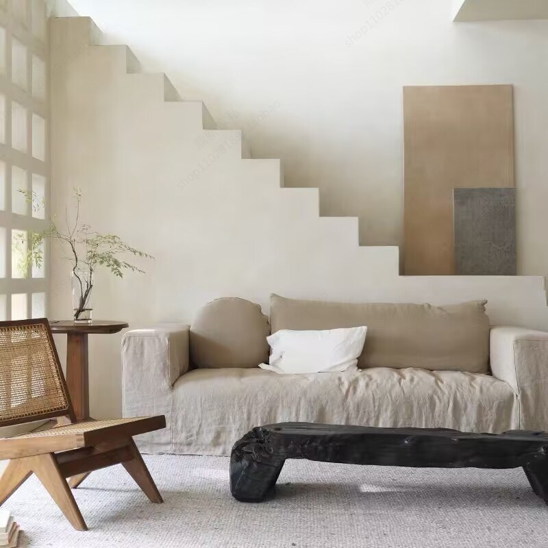 日式侘寂风民宿亚麻布艺沙发北欧简约小户型客厅可拆洗双人三人位