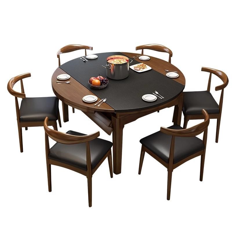 可伸缩折叠变圆桌家用小户型带炉火山石饭桌火烧石全实木餐桌