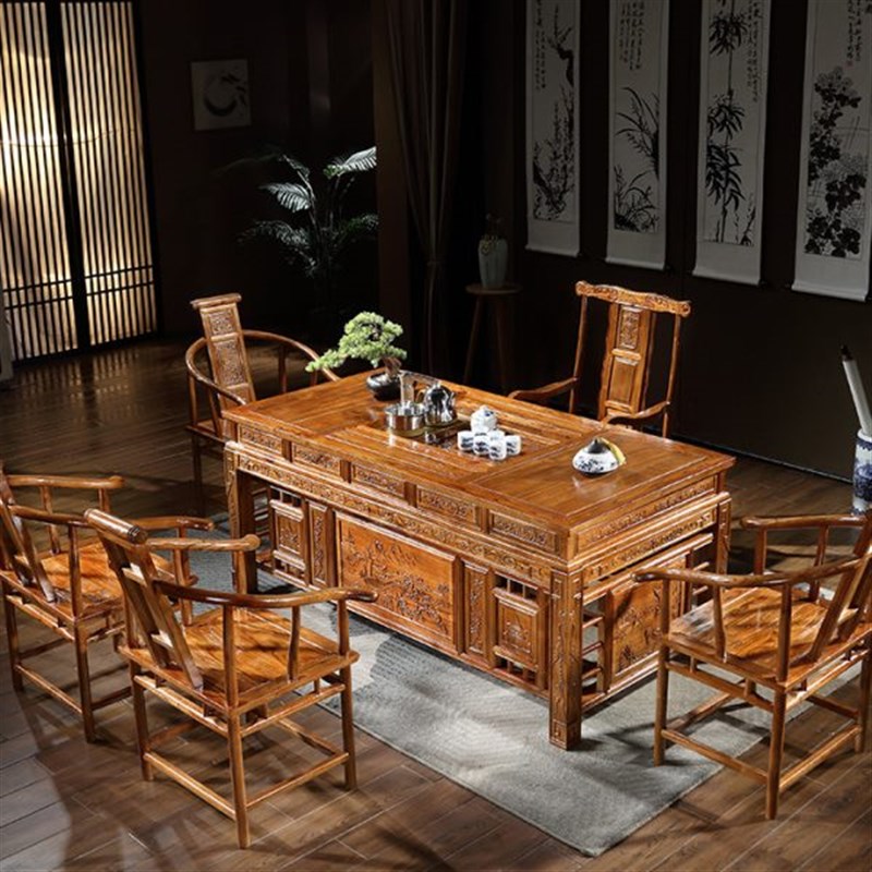 中式实木茶台榆木茶桌椅组合古茶道功夫文化家用公书桌两用茶几