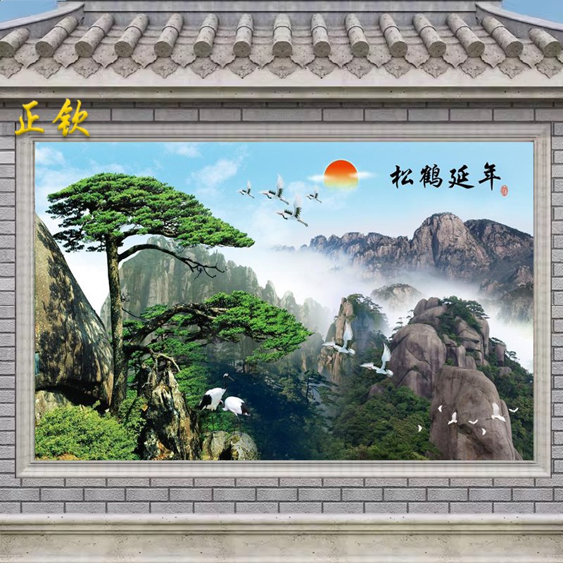 室外瓷砖背景墙迎客松山水风景画客厅电视背景墙雕刻外墙流水生财