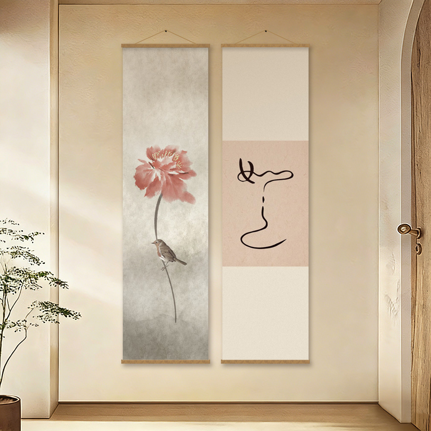 中式禅意荷花装饰挂画办公室书房茶室壁画隔断挂帘遮挡布艺卷轴画