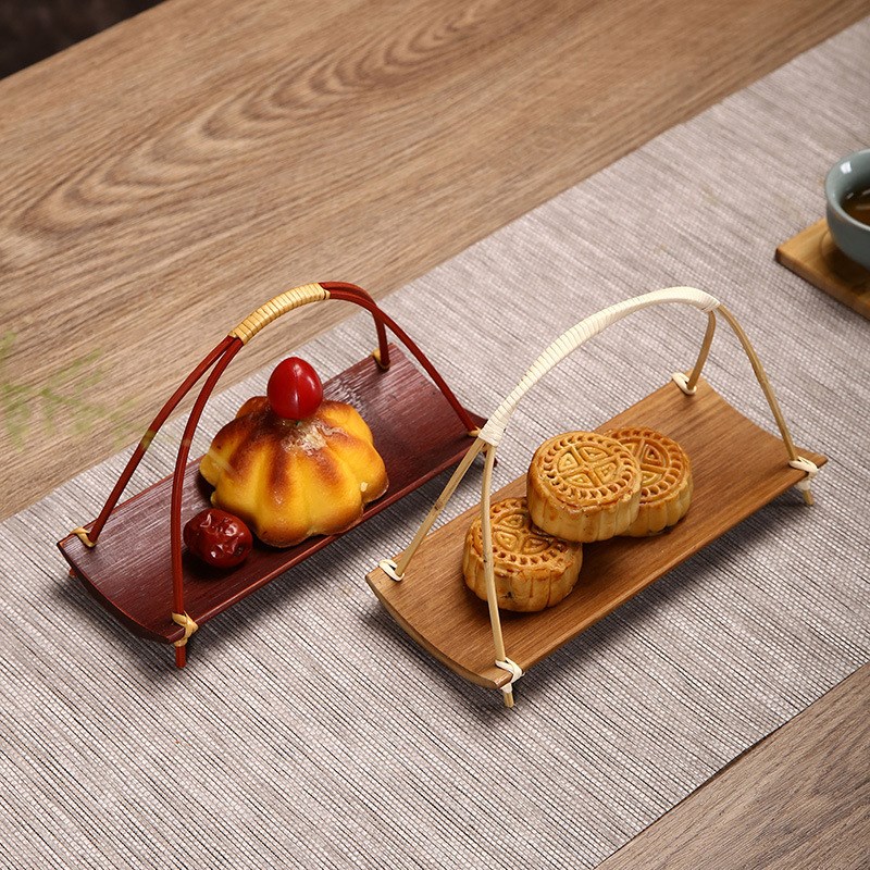 竹制品手工竹制日式毛巾托提手篮茶道点心盘复古茶点盘迷你干果盘