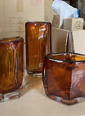 UNUSUAL 琥珀色轻奢琉璃扁形花器样板房间客厅酒店橘红色花瓶摆件