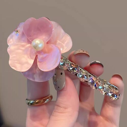 法式复古醋酸花朵珍珠鸭嘴夹