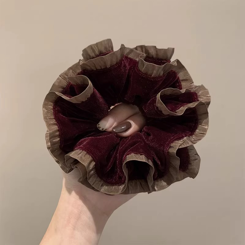 法式酒红色丝绒花边双层大肠发圈