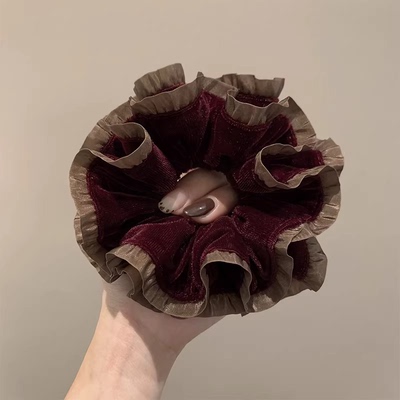 法式酒红色丝绒花边双层大肠发圈