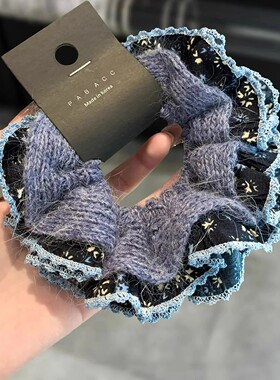韩系秋冬新款蓝色小碎花毛线气质大肠圈甜美优雅丸子头发圈