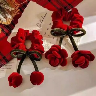 儿童新年红丝绒发圈2026新款秋冬女童过年花朵款蝴蝶结大肠圈头饰