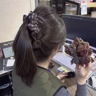 复古小香风拼接毛呢蝴蝶结香蕉夹竖夹发夹女高级感韩系高马尾发抓